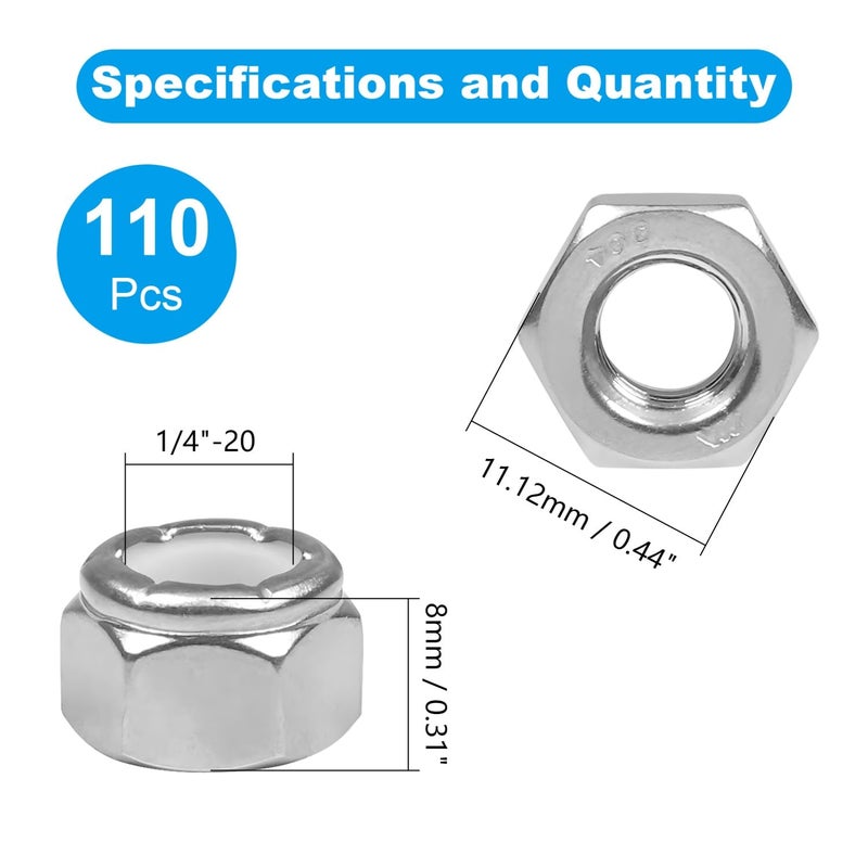 Yinpecly 110PCS 1/4"-20 Nylon Insert Hex Lock Nuts,304 Stainless Steel Locknuts,Hex Drive,Coarse Thread,Self-Locking Nuts for Industrial Construction Fasteners - Image 2